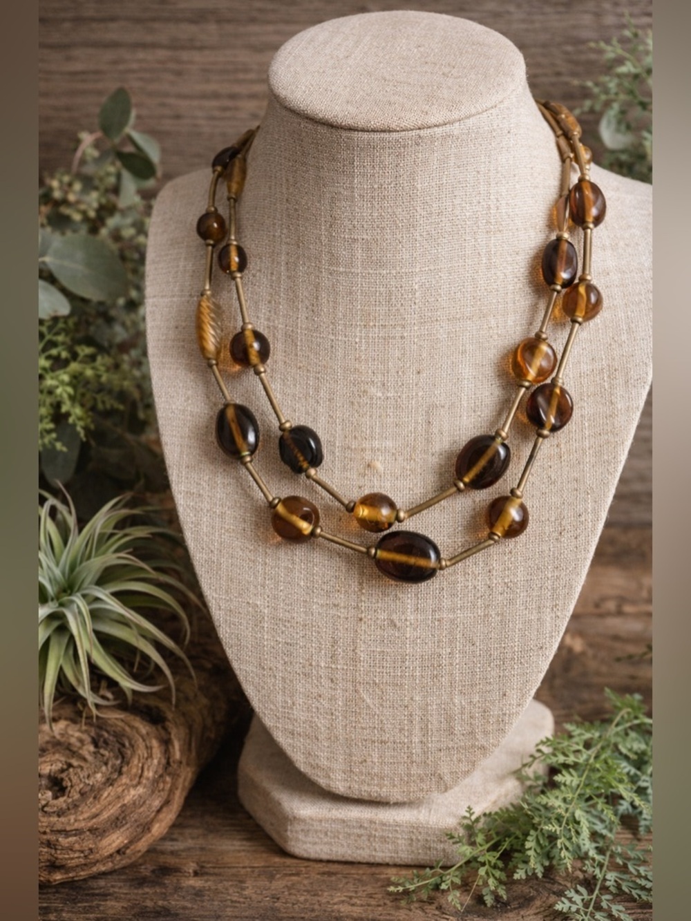 Boho Beaded Necklace Long 32” Brown Amber Tone Double Strand Layered Necklace